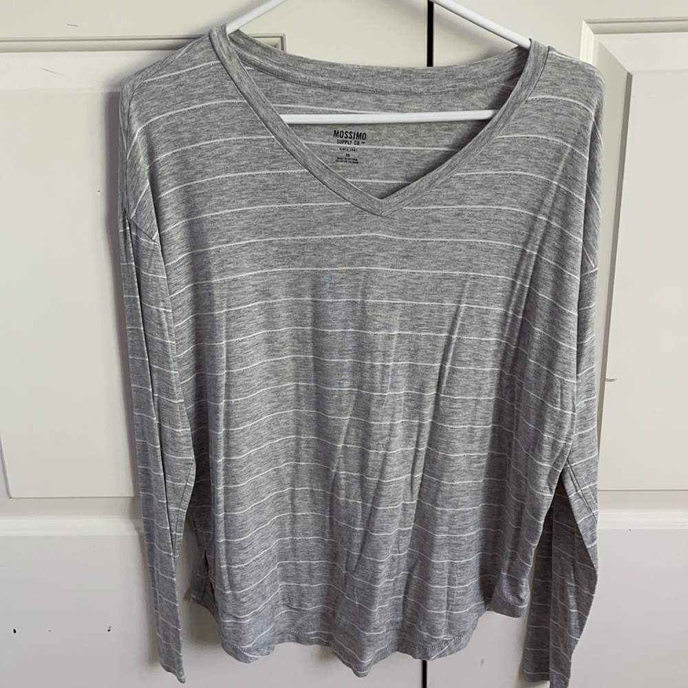 Gray and white striped long sleeve shirt